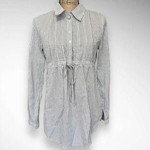 MILEY CYRUS MAX AZRIA White Black Striped Cinched Waist Long Sleeve Top